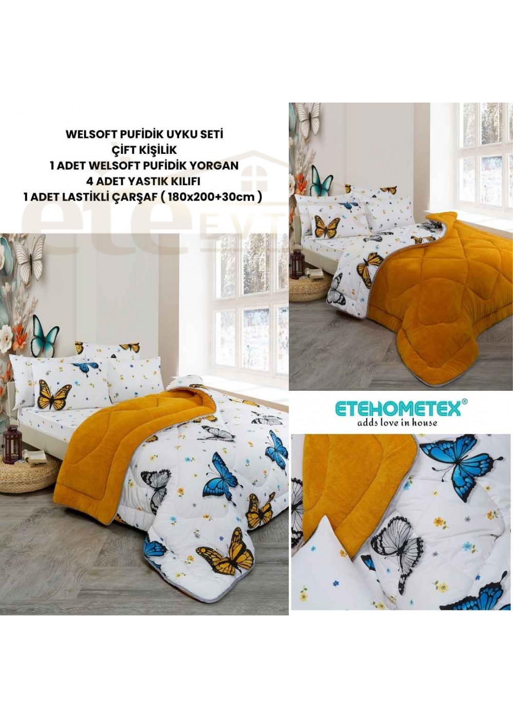 ETE HOMETEX ÇİFT KİŞİLİK WELSOFT UYKU SETİ KELEBEK HARDAL 8696474232028